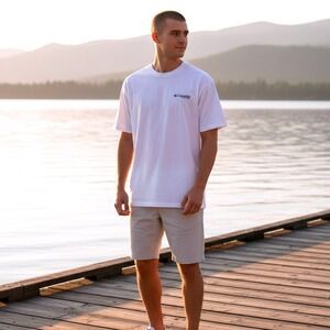 Columbia Mens Small PFG Performance Fishing Gear Cotton White Palm Graphic Tee